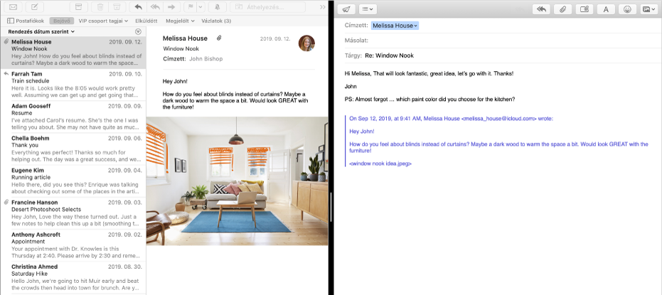 Az üzenetlista, mellette az üzenet írása ablakkal az Split View nézetben.