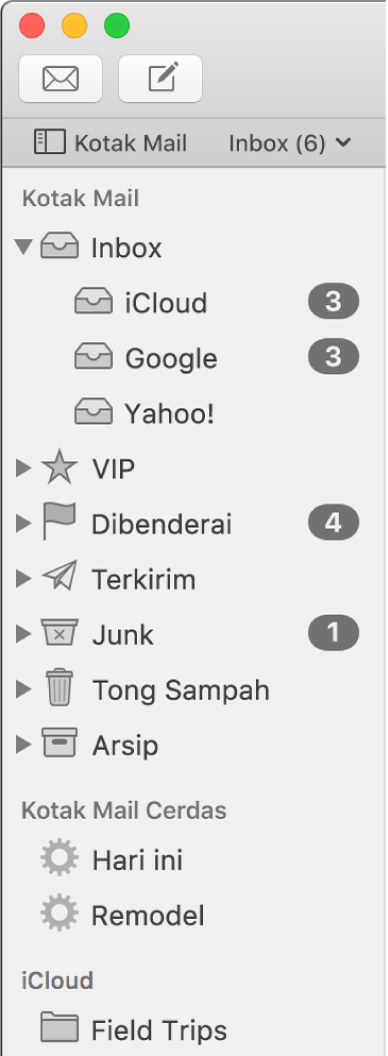 Bar samping Mail menampilkan akun dan kotak mail berbeda. Di atas bar samping terdapat tombol Kotak Mail (terdapat di bar Favorit) yang Anda klik untuk menampilkan atau menyembunyikan bar samping.