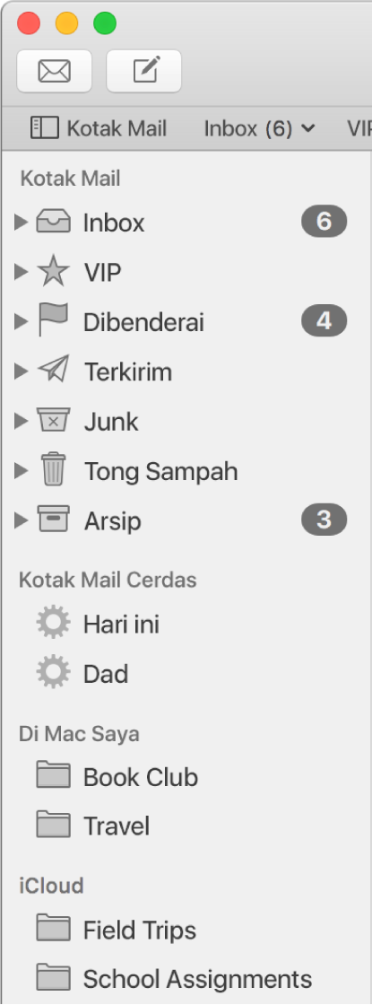Bar samping Mail menampilkan kotak mail standar (seperti Inbox dan Draf) di bagian atas bar samping dan kotak mail yang Anda buat di bagian Di Mac Saya dan iCloud.
