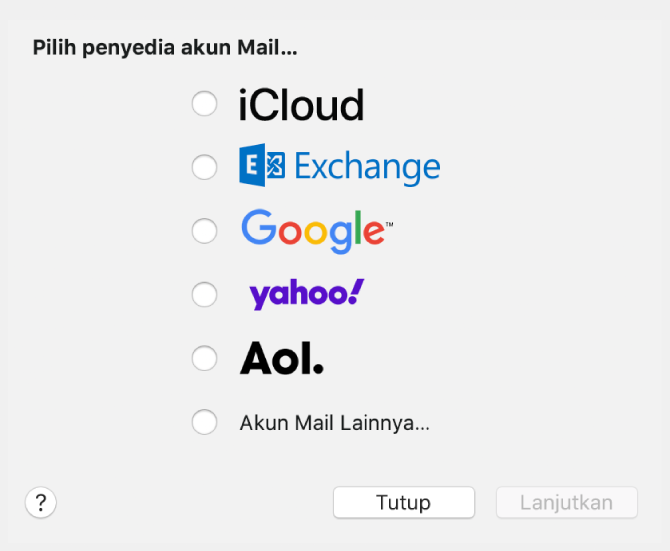 Dialog untuk memilih jenis akun email, menampilkan iCloud, Exchange, Google, Yahoo, AOL, dan Akun Mail Lainnya.