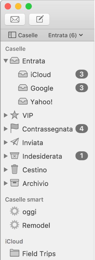 Barra laterale di Mail con vari account e caselle. Sopra la barra laterale è disponibile il pulsante Caselle (nella barra dei preferiti) su cui puoi fare clic per visualizzare o nascondere la barra laterale.