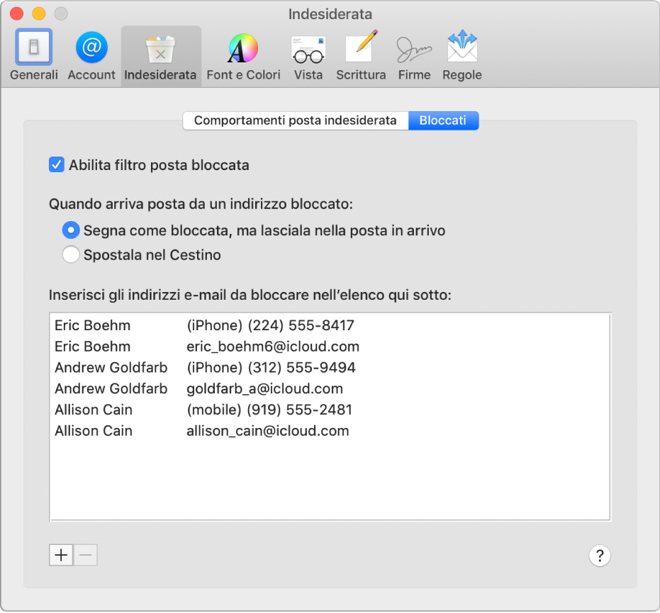 Il pannello delle preferenze Bloccati con un elenco dei mittenti bloccati. Il riquadro per abilitare il filtro dei messaggi e-mail bloccati è selezionato, come l'opzione che contrassegna le e-mail bloccate ma che quando arrivano vengono lasciate nella casella Entrata.