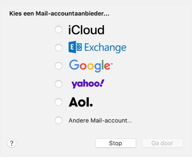Het dialoogvenster voor het kiezen van een accounttype met de opties iCloud, Exchange, Google, Yahoo, AOL en 'Andere Mail-account'.