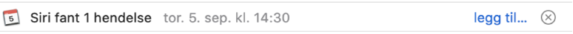 Et banner under meldingshodet i forhåndsvisningsområdet viser informasjon om en hendelse Siri fant i meldingen. En lenke for å legge til hendelsen i Kalender er plassert i høyre ende.