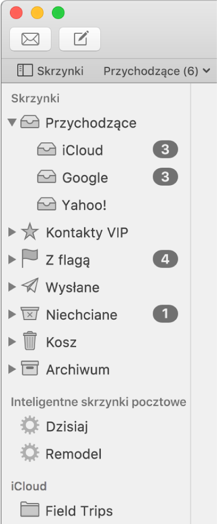 Pasek boczny w Mail zawierający różne konta i skrzynki pocztowe. Nad paskiem bocznym znajduje się przycisk Skrzynki (na pasku ulubionych), w który można kliknąć w celu pokazania lub ukrycia paska bocznego.