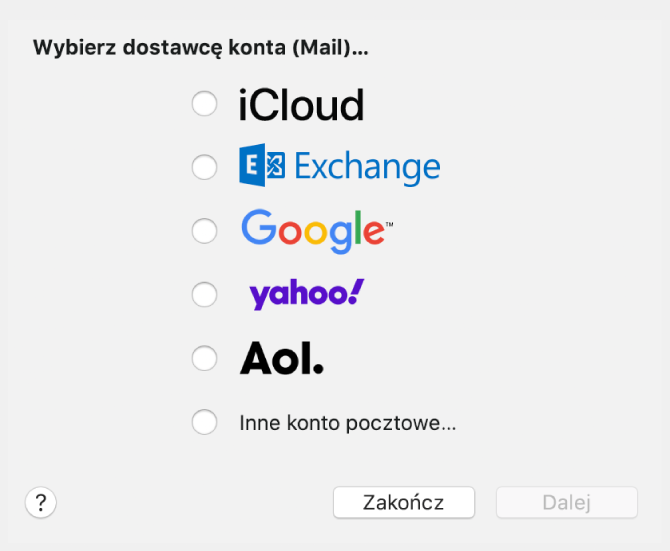 Okno dialogowe z prośbą o wybranie typu konta email, zawierające pozycje iCloud, Exchange, Google, Yahoo, AOL oraz Inne konto pocztowe.