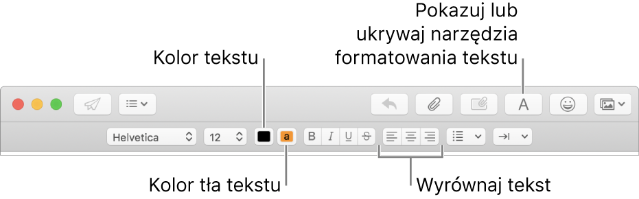 Pasek narzędzi oraz pasek formatu w oknie nowej wiadomości wskazujący przyciski stosowania koloru tekstu, koloru tła oraz wyrównania.