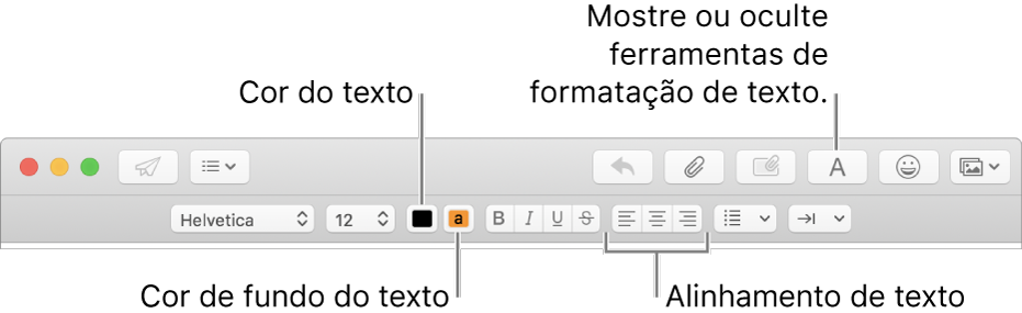 A barra de ferramentas e a barra de formatação numa janela de nova mensagem, indicando a cor do texto, a cor de fundo do texto e os botões de alinhamento do texto.