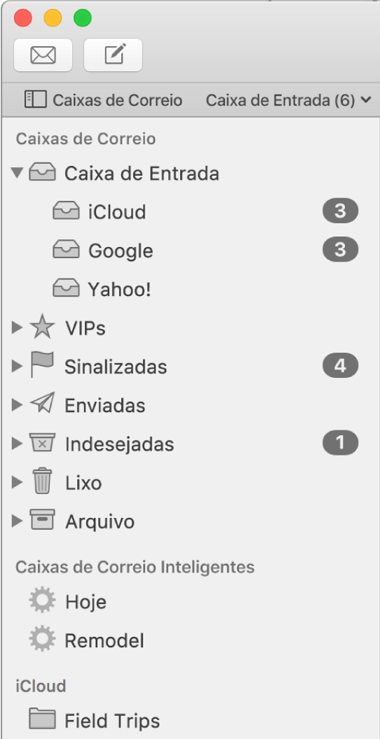 A barra lateral do Mail exibindo diferentes contas e caixas de correio. Acima da barra lateral estão os botões das caixas de correios (na barra de Favoritos) que você pode clicar para exibir ou ocultar a barra lateral.