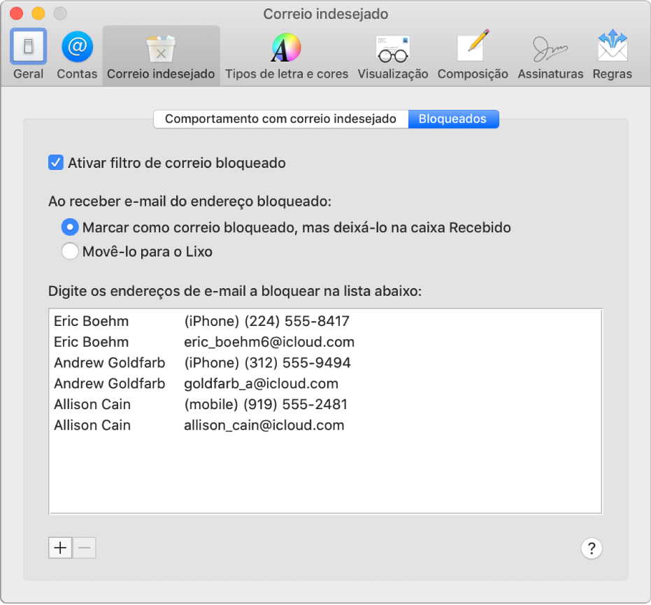 O painel de preferências Bloqueado a mostrar uma lista de remetentes bloqueados. A opção para ativar a filtragem de e‑mails bloqueados está selecionada, tal como opção para marcar correio bloqueado, mas deixá-lo na caixa de correio Recebido após a receção.