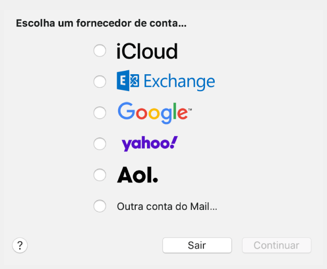 A caixa de diálogo para escolher um tipo de conta de e‑mail, com as opções iCloud, Exchange, Google, Yahoo, AOL e "Outra conta do Mail".