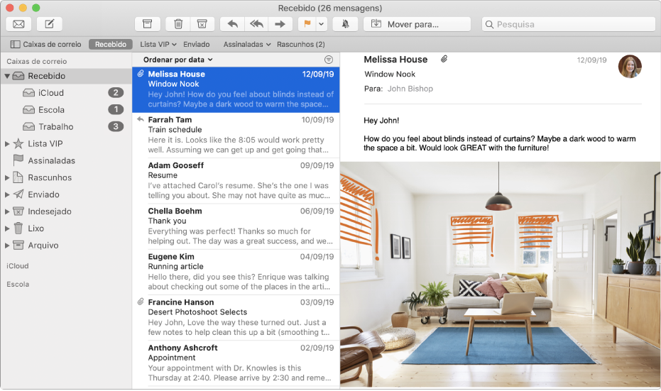 A barra lateral na janela do Mail com caixas de entrada para as contas iCloud, escolar e profissional.