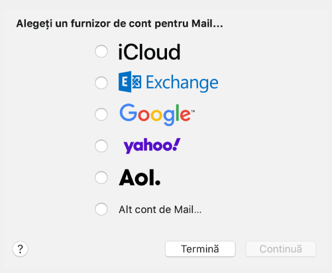 Fereastra de dialog în care selectați tipul contului de e-mail, afișând iCloud, Exchange, Google, Yahoo, AOL și Alt cont de Mail.