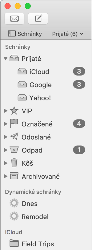 Postranný panel aplikácie Mail zobrazujúci rôzne účty a schránky. Nad postranným panelom je tlačidlo Schránky (nachádza sa v lište Obľúbené). Po kliknutí na toto tlačidlo sa postranný panel zobrazí alebo skryje.