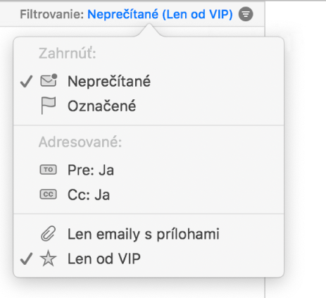 Vyskakovacie menu s filtrami zobrazujúce šesť možných filtrov: Neprečítané, Označené, Pre: Ja, CC: Ja, Len s prílohami a Len od VIP.