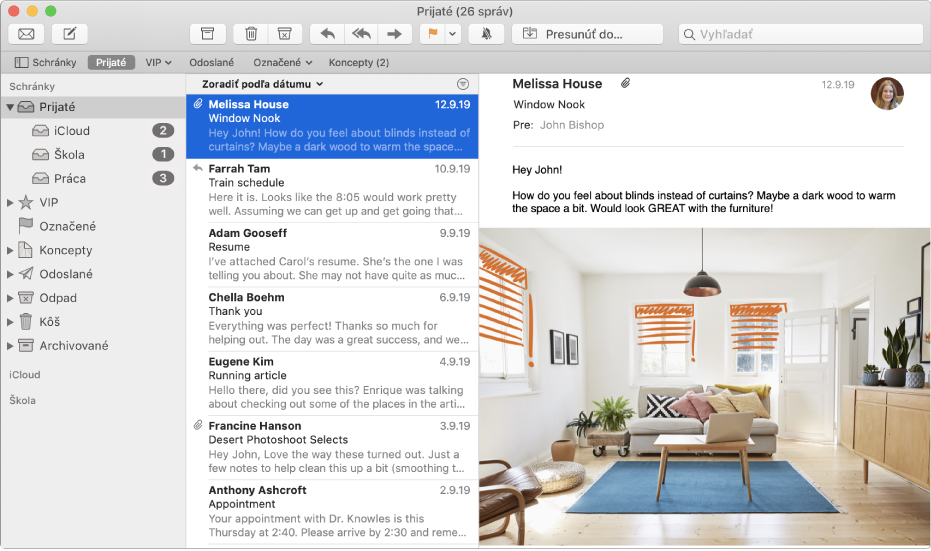 Postranný panel v okne aplikácie Mail znázorňujúci schránky prijatej pošty pre iCloud účet, školské a pracovné účty.