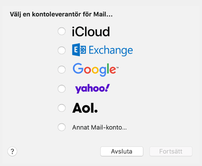 Dialogrutan för att välja en e-postkontotyp med iCloud, Exchange, Google, Yahoo, AOL och Annat Mail-konto.