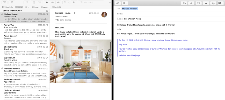 Mejllistan sida vid sida med ett skrivfönster i Split View.