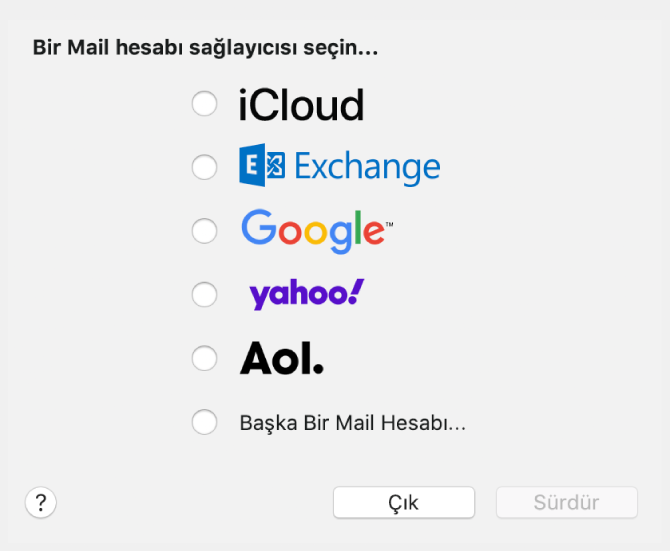 iCloud, Exchange, Google, Yahoo, AOL ve Diğer Mail Hesabı’nın gösterildiği e-posta hesap türünün seçildiği sorgu kutusu.