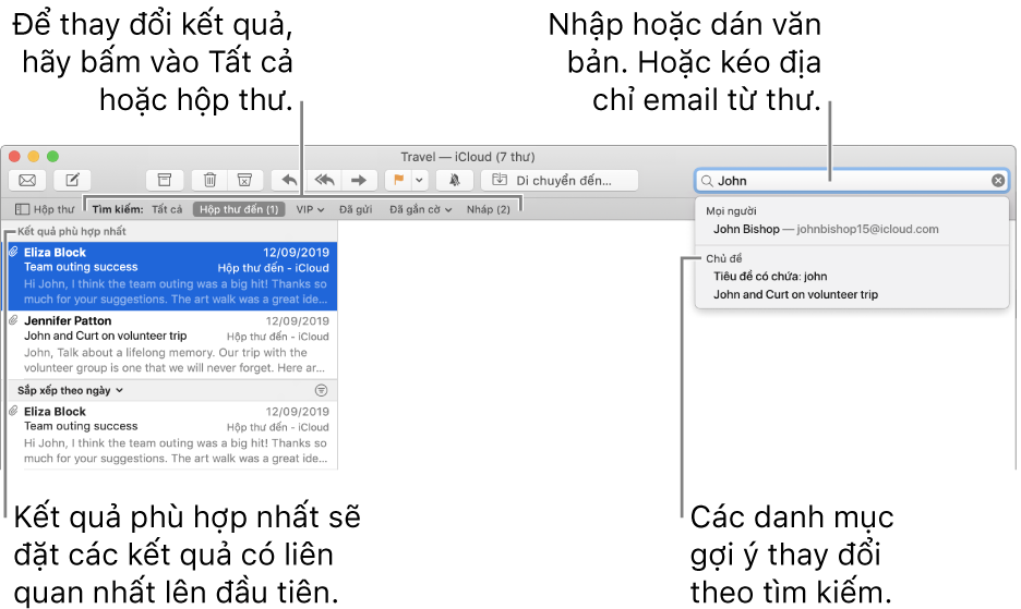 Hộp thư đang được tìm kiếm được tô sáng trong thanh tìm kiếm. Để tìm kiếm hộp thư khác, hãy bấm vào tên của hộp thư đó. Bạn có thể nhập hoặc dán văn bản vào trường tìm kiếm hoặc kéo địa chỉ email từ thư. Khi bạn nhập, các gợi ý sẽ xuất hiện bên dưới trường tìm kiếm. Các gợi ý này được sắp xếp theo danh mục, chẳng hạn như Chủ đề hoặc Tệp đính kèm, tùy thuộc vào văn bản tìm kiếm của bạn. Kết quả phù hợp nhất sẽ đặt các kết quả có liên quan nhất lên trên đầu.