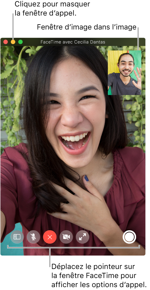Placez le pointeur sur la fenêtre FaceTime pour afficher des options d’appel, comme les boutons Barre latérale, Couper le micro, Raccrocher, Couper le son de la vidéo, Plein écran et Live Photo. Cliquez sur le bouton du milieu situé dans le coin supérieur gauche pour masquer la fenêtre d’appel. La fenêtre d’image dans l’image apparaît dans le coin supérieur droit.