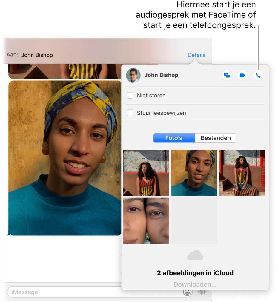 Detailweergave, die verschijnt nadat je in een gesprek op 'Details' hebt geklikt. De audioknop staat rechtsbovenin.