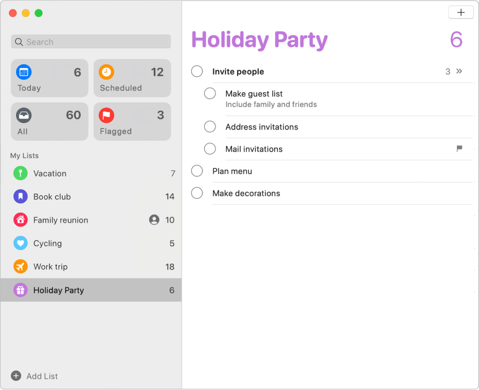 The info window for a reminder list, showing a list with subtasks.