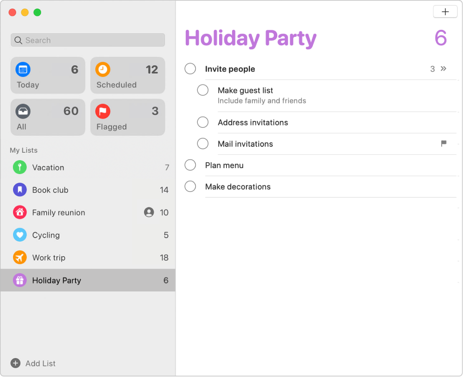 The info window for a reminder list, showing a list with subtasks.