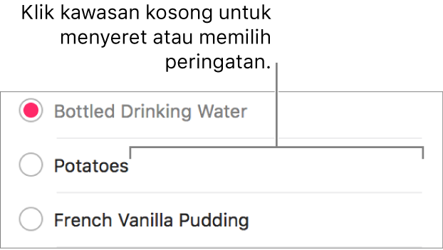 Klik kawasan kosong di sebelah kanan nama peringatan untuk memilih peringatan berkenaan.