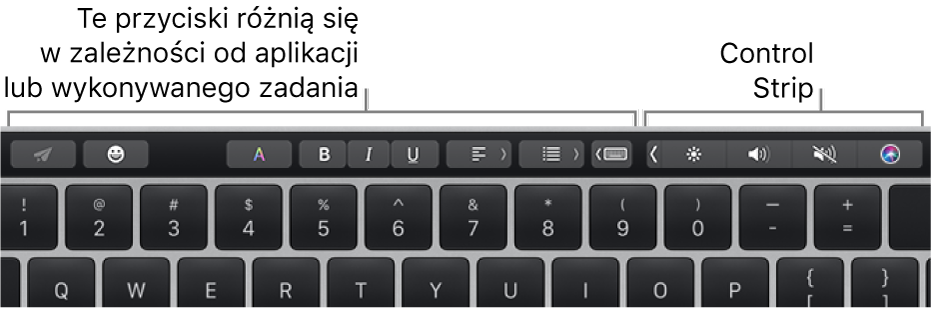 Po lewej znajduje się pasek Touch Bar zawierający przyciski, które różnią się w zależności od aplikacji lub zadania. Po prawej widoczny jest zwinięty pasek sterowania.