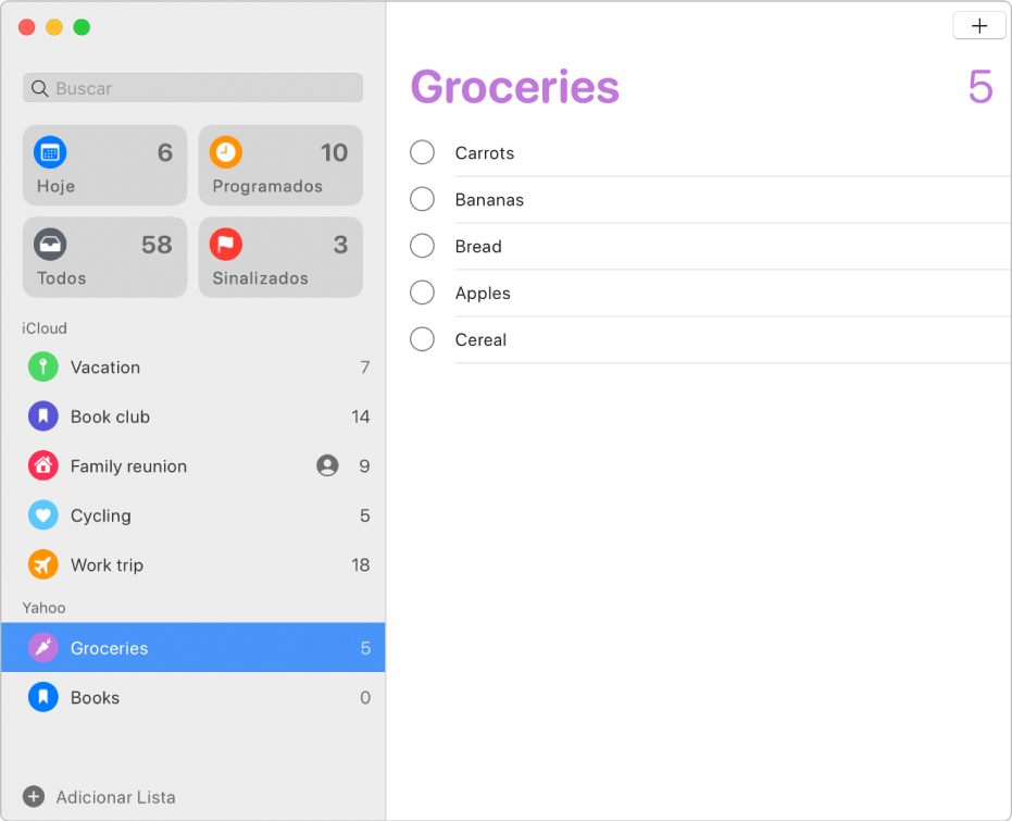 Janela do app Lembretes mostrando lembretes de contas do iCloud e Yahoo.
