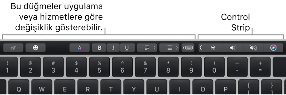 Uygulamaya veya göreve göre değişen düğmeler solda ve daraltılmış Control Strip sağda olmak üzere Touch Bar.