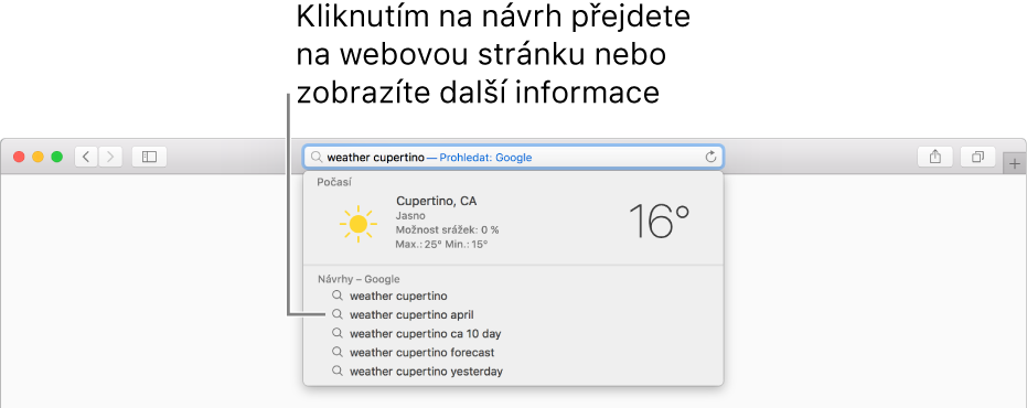 Dynamické vyhledávací pole s hledaným souslovím „weather cupertino“ pro počasí ve městě Cupertino a s výslednými návrhy Safari