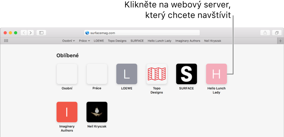 Adresa a vyhledávací pole v Safari; dole ikony oblíbených webových stránek
