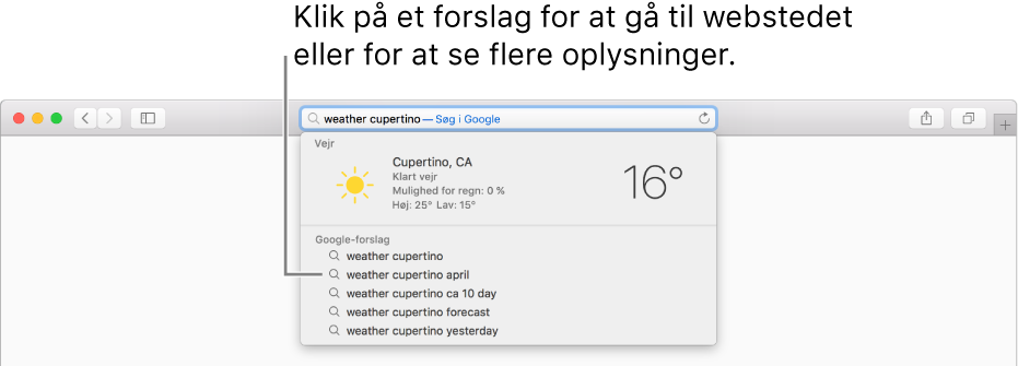Søgeudtrykket "weather cupertino" skrevet i det smarte søgefelt og resultater med Safari-forslag.