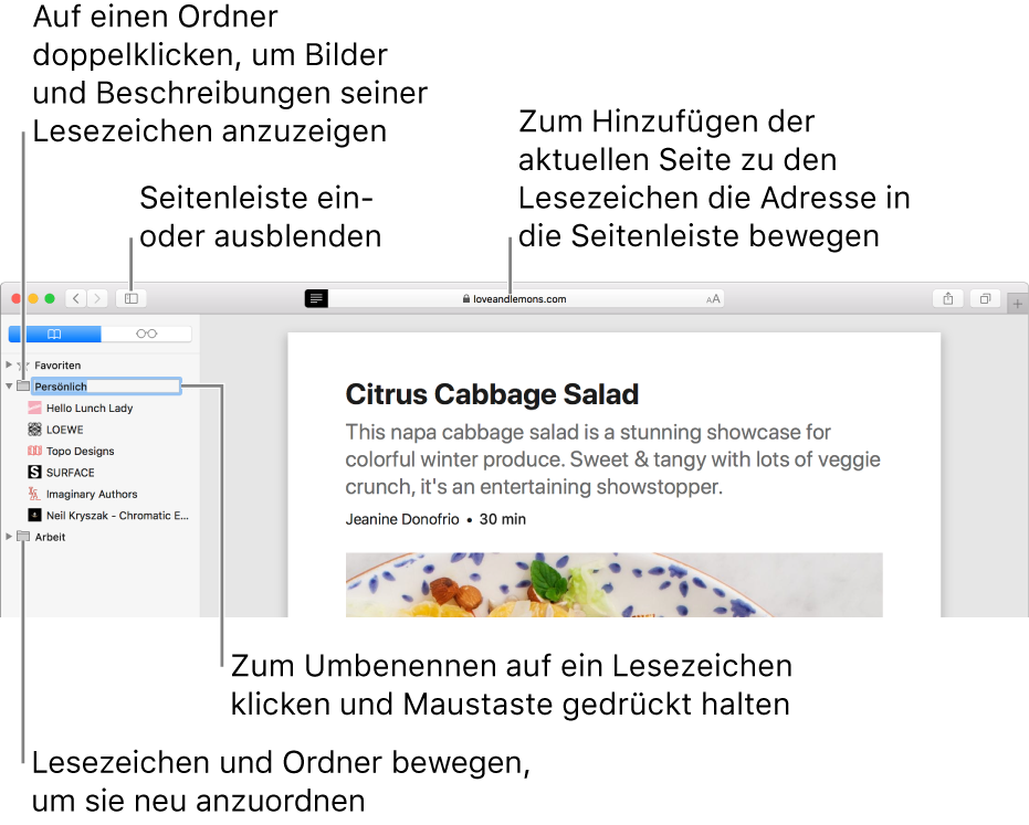 Ein Safari-Fenster mit Lesezeichen in der Seitenleiste und einem zur Bearbeitung ausgewählten Lesezeichen.