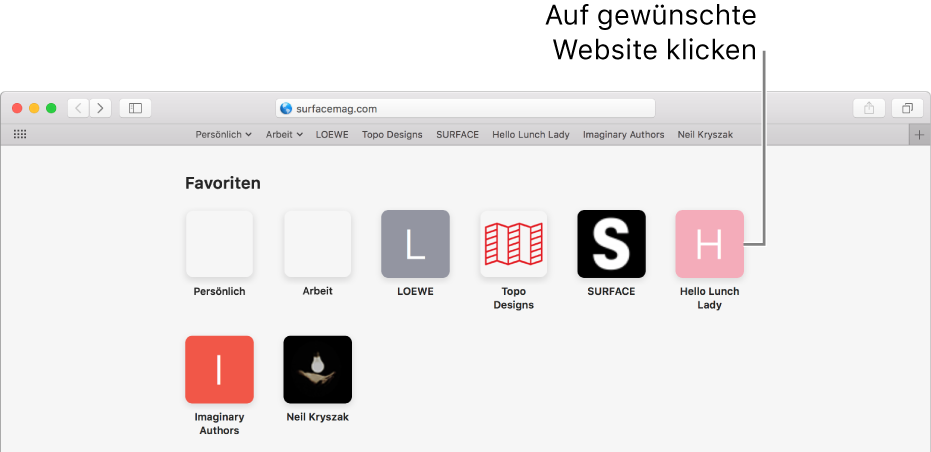 Das Adress- und Suchfeld in Safari und darunter die Symbole der als Favoriten ausgewählten Websites.