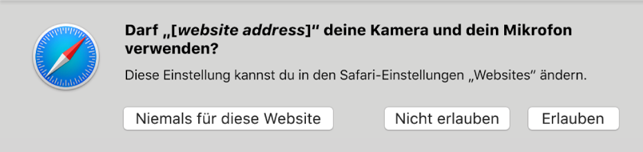 Ein Fenster mit Optionen zum Teilen der Kamera und des Mikrofons deines Mac mit einer Website.