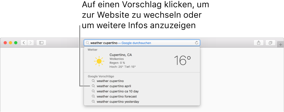 Das Ergebnis für den im intelligenten Suchfeld eingegebenen Suchbegriff „Wetter Cupertino“ in Form von Safari-Vorschlägen.