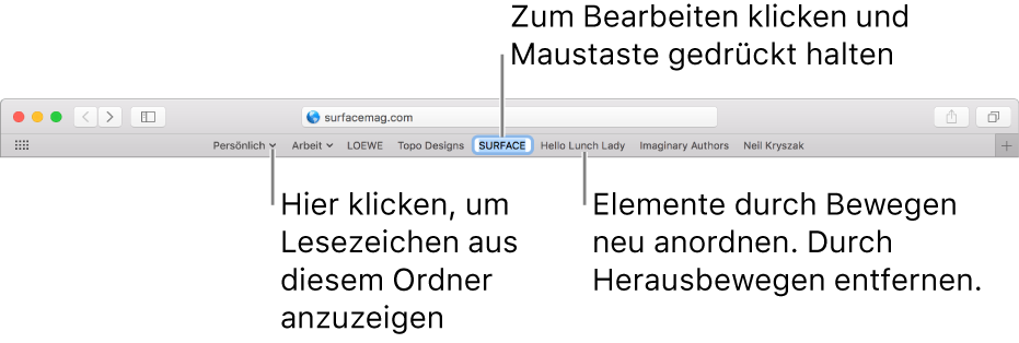 Die Favoritenleiste mit einem Lesezeichenordner. Zum Bearbeiten eines Lesezeichens oder Ordners klicke und halte das Lesezeichen oder den Ordner in der Leiste gedrückt. Zum neu Anordnen der Elemente in der Leiste bewege sie. Zum Entfernen eines Elements bewege es aus dem Bereich der Leiste.