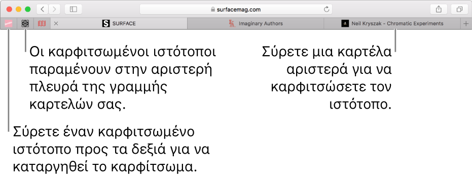 Καρφιτσωμένοι ιστότοποι στη γραμμή καρτελών του Safari.