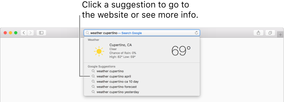 The search phrase “weather cupertino” entered in the Smart Search field, and the Safari Suggestions results.