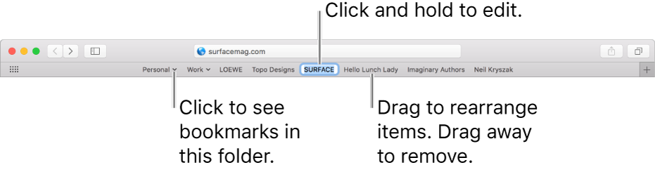 带有书签文件夹的收藏夹栏。若要编辑栏中的书签或文件夹，请单击并按住它。若要重新排列栏中的项目，请拖动它们。要删除项目，请将其拖离栏。