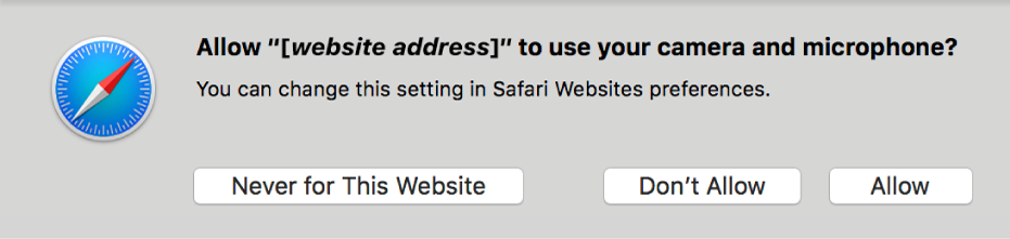 A dialog showing the options for sharing the camera and microphone on your Mac with a website.