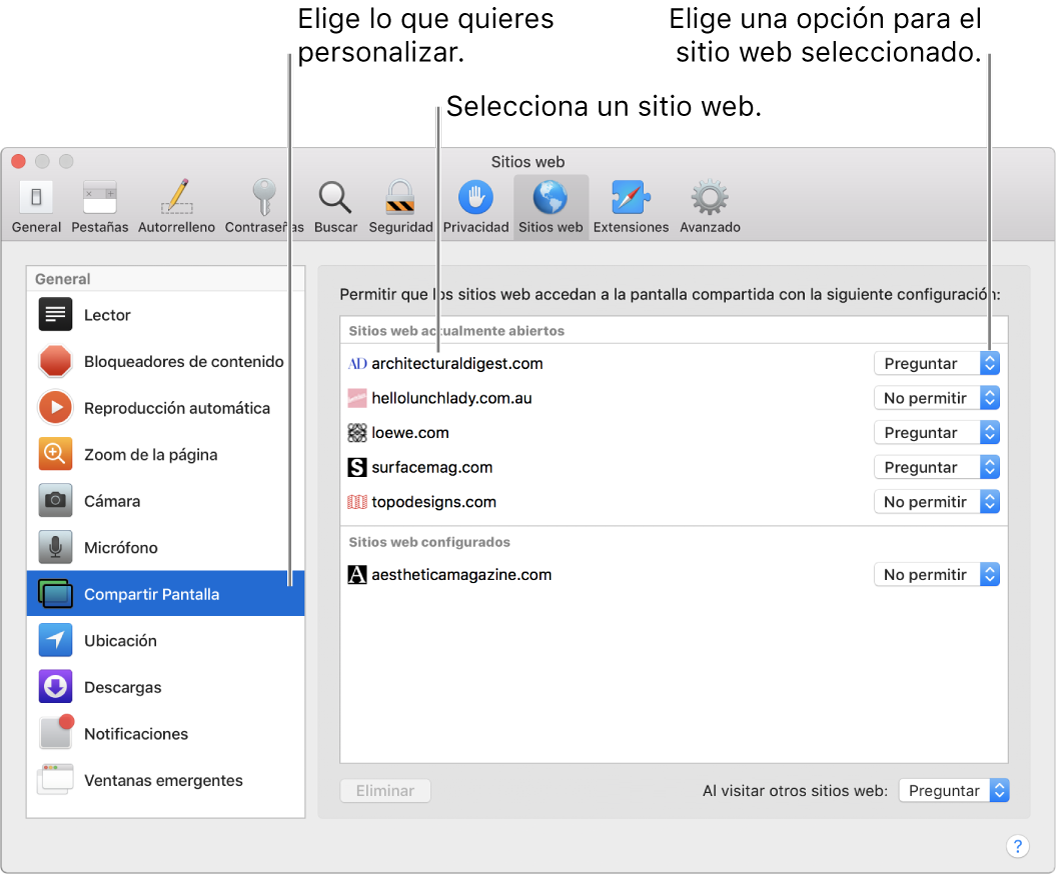 El panel “Sitios web” de “Preferencias Safari”, donde puedes personalizar cómo navegas cada sitio web en lo particular.