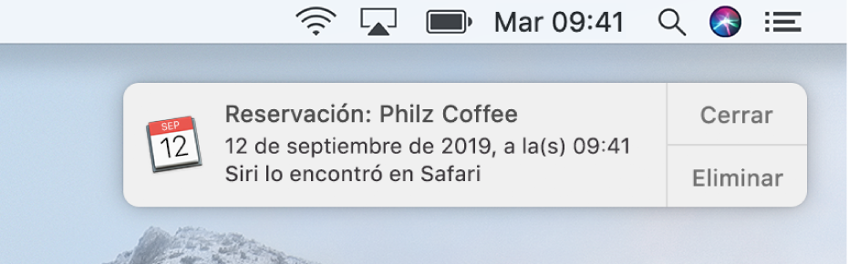 Una sugerencia de Siri para agregar un evento desde Safari a Calendario.