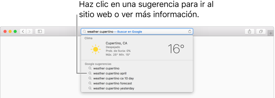 La frase de búsqueda "clima cupertino" ingresada en el campo de búsqueda inteligente, y los resultados de las Sugerencias de Safari.