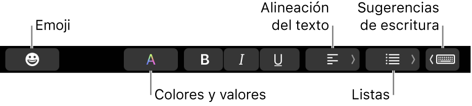 La Touch Bar con los botones de la app Mail, de izquierda a derecha, Emojis, Colores, Negrita, Cursiva, Subrayado, Alineación, Listas y Sugerencias de escritura.