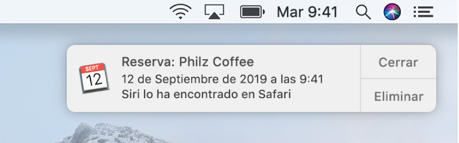 Una sugerencia de Siri para añadir un evento de Safari a Calendario.