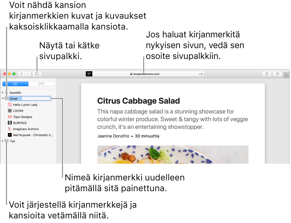 Safari-ikkuna, jonka sivupalkissa näkyy kirjanmerkkejä; yksi kirjanmerkki on valittu muokattavaksi.